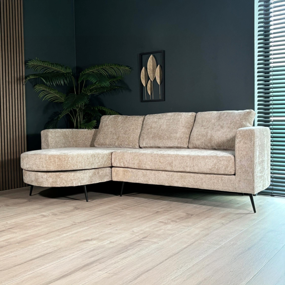 Hoekbank design Nox 250cm bank beige chenille bankstel links loungebank