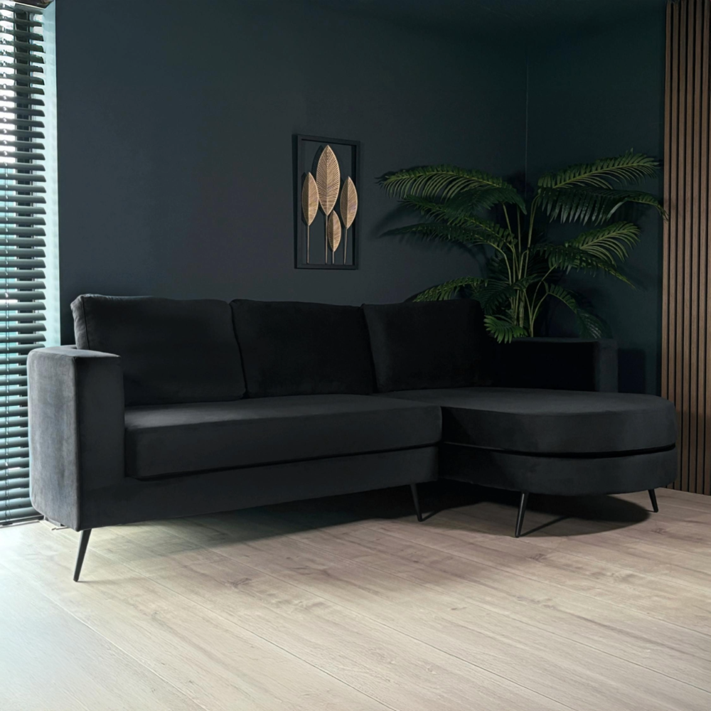 Hoekbank design Nox 250cm bank zwart velvet bankstel rechts loungebank