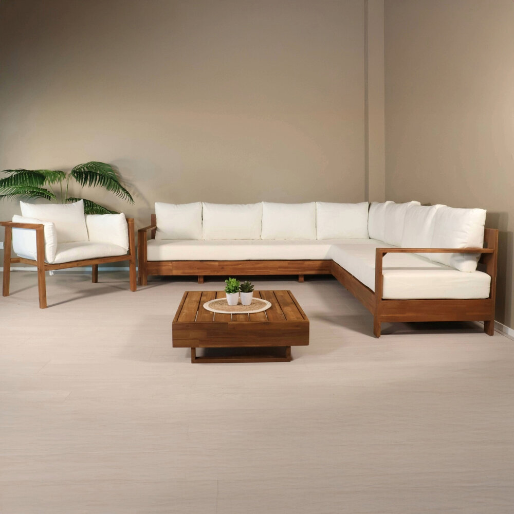 Loungebank Lahon met loungetafel Dirk en loungestoel Xandra acaciahout