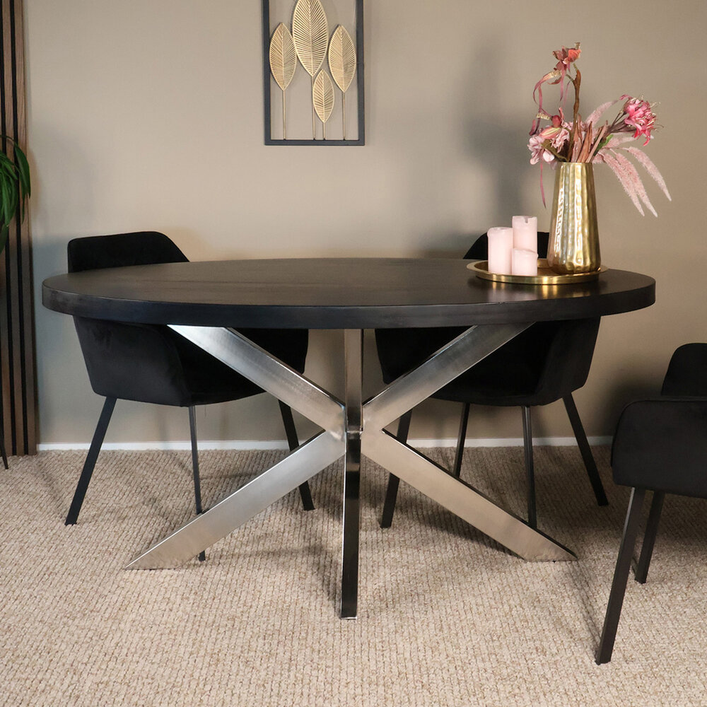 Eettafel ovaal mangohout 160cm Lucas zwart met zilver