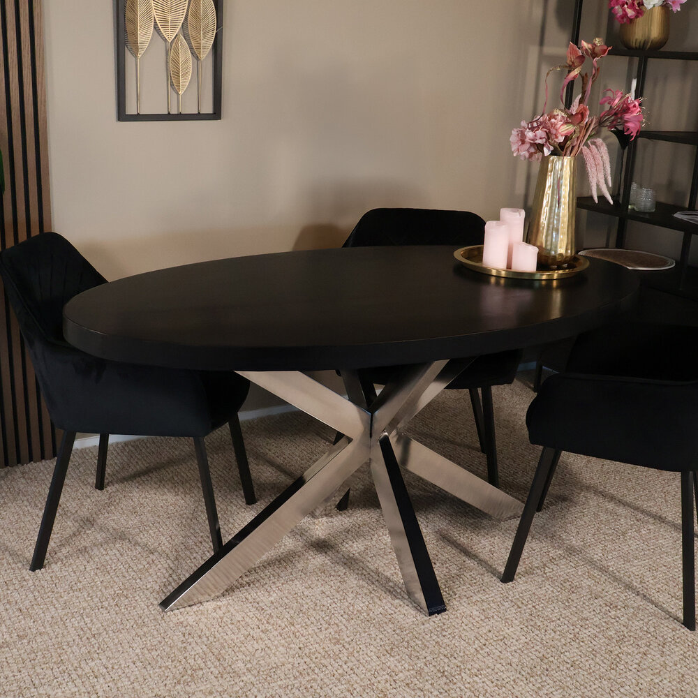 Eettafel ovaal mangohout 160cm Lucas zwart met zilver