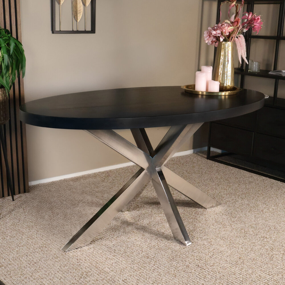 Eettafel ovaal mangohout 160cm Lucas zwart met zilver