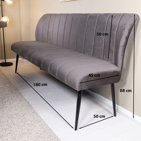 Lizzely Garden & Living Eetkamerbank 180cm Sally velvet grijs 3 zits bank