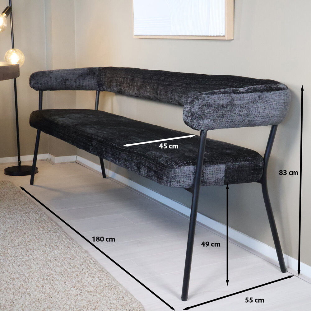 Eetkamerbank 180cm Meggie zwart chenille eetbank Eetkamerbank 180cm Meggie zwart chenille eetbank