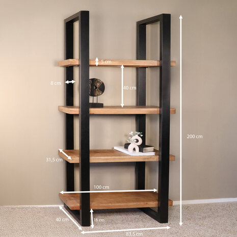 Lizzely Garden & Living Boekenkast mangohout Zazo 200x100cm kast industrieel massief hout mango wandkast