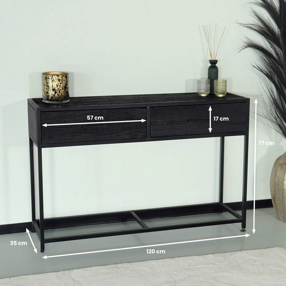 Bijzettafel mangohout Lucky 120cm met twee lades zwart industrieel side table