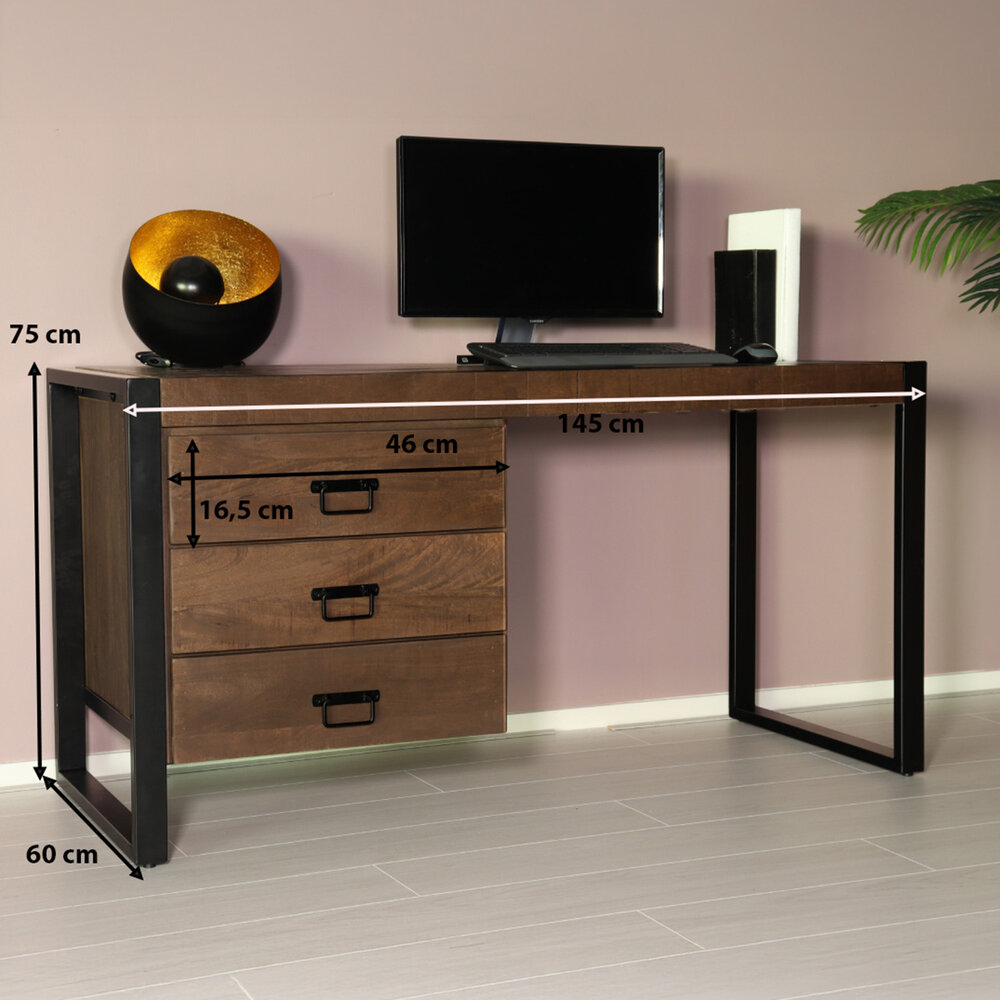 Bureau Nicko 145cm walnoot bruin industrieel duurzaam massief mangohout