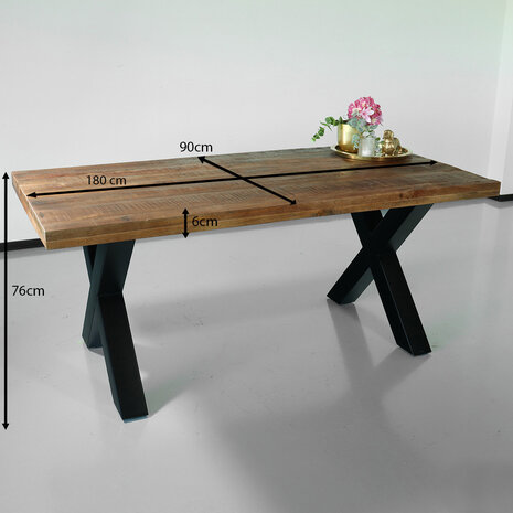 Lizzely Garden & Living Eettafel rechthoekig Xavier 180cm duurzaam mangohout tafel met X-poot mango rechthoek eetkamertafel