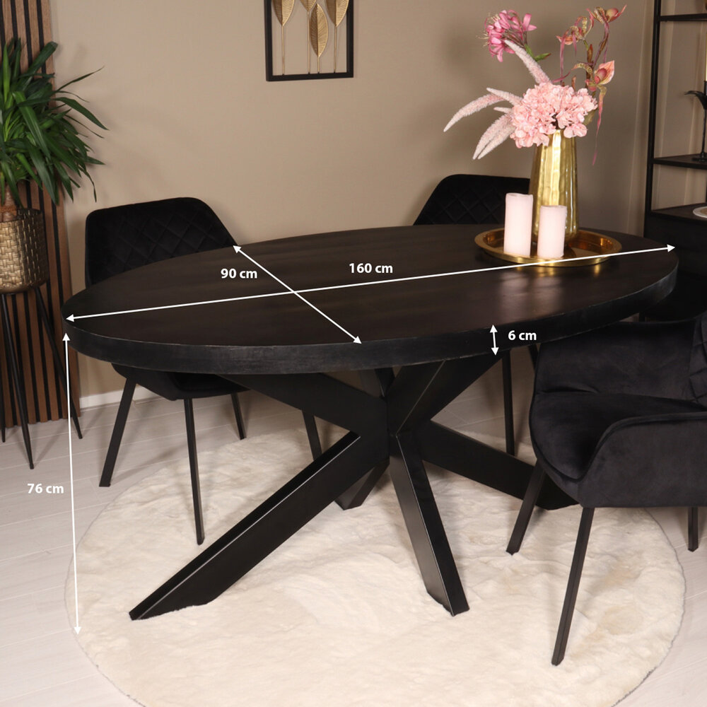 Eettafel ovaal mangohout 160cm James zwart ovale industriële tafel duurzaam mango eetkamertafel
