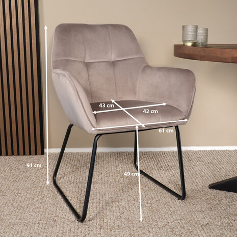 Lizzely Garden & Living Eetkamerstoel met armleuning Mae taupe velvet eetstoel