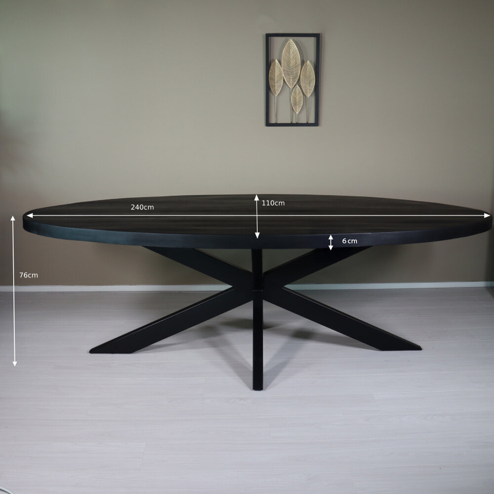 Eettafel ovaal mangohout 240cm James zwart ovale industriële tafel duurzaam mango eetkamertafel