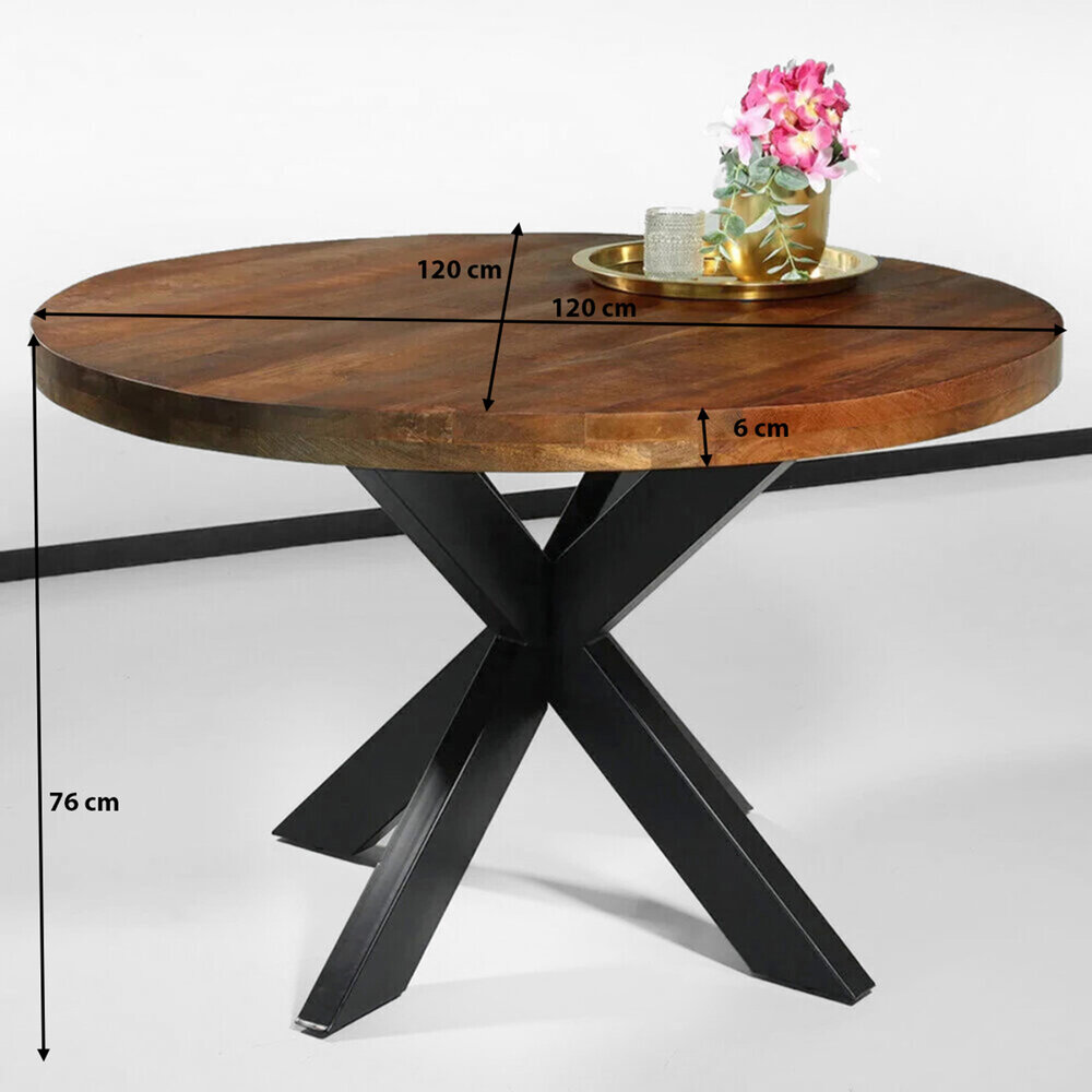 Eettafel rond mangohout 120cm Jones bruin ronde industriële tafel duurzaam mango eetkamertafel