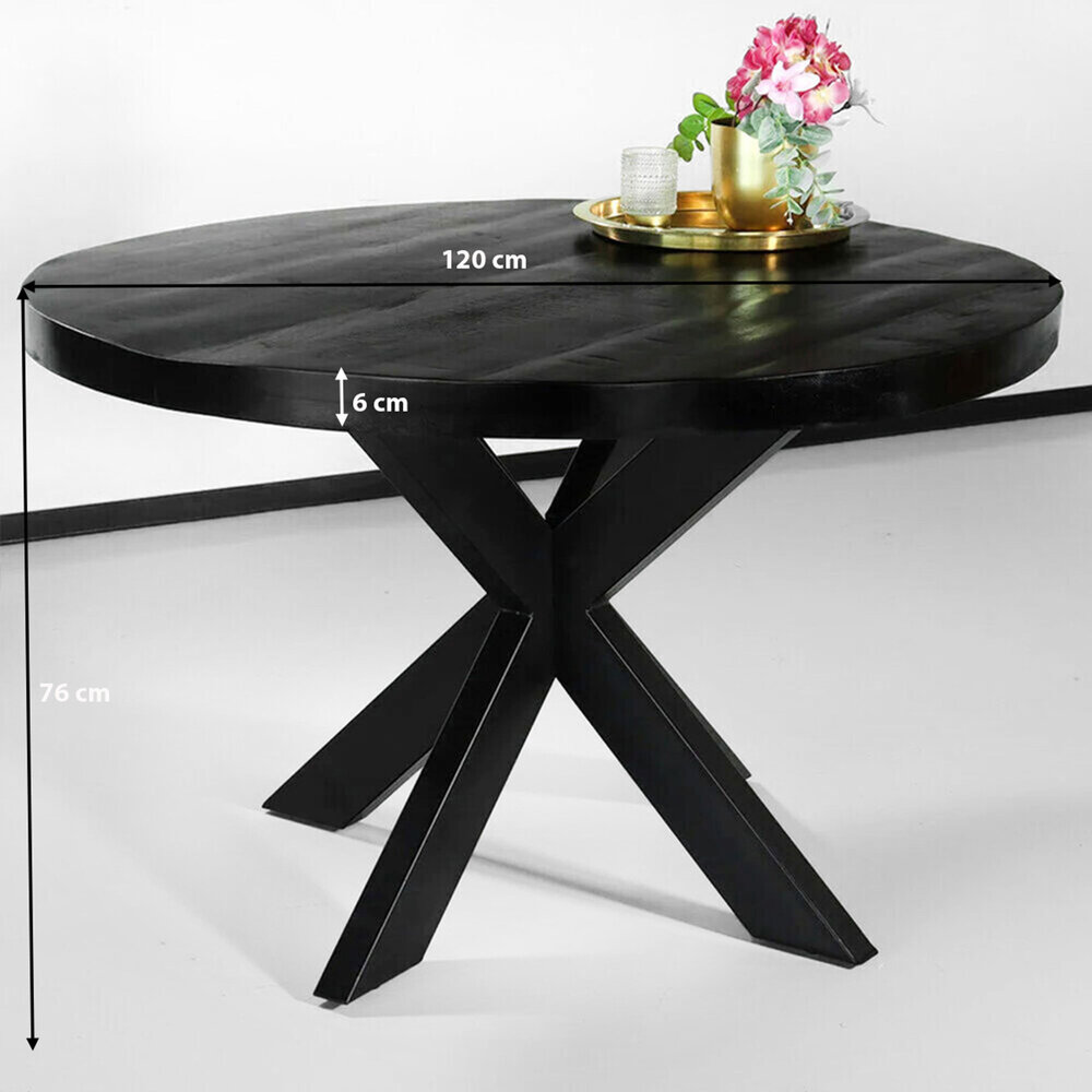 Eettafel rond mangohout 120cm Jones zwart ronde industriële tafel duurzaam mango eetkamertafel Eettafel rond mangohout 120cm Jones zwart ronde industriële tafel duurzaam mango eetkamertafel