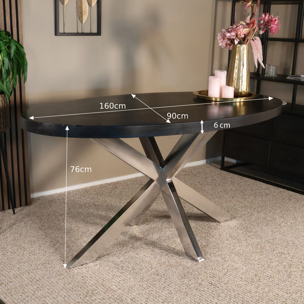 Eettafel ovaal mangohout 160cm Lucas zwart met zilver