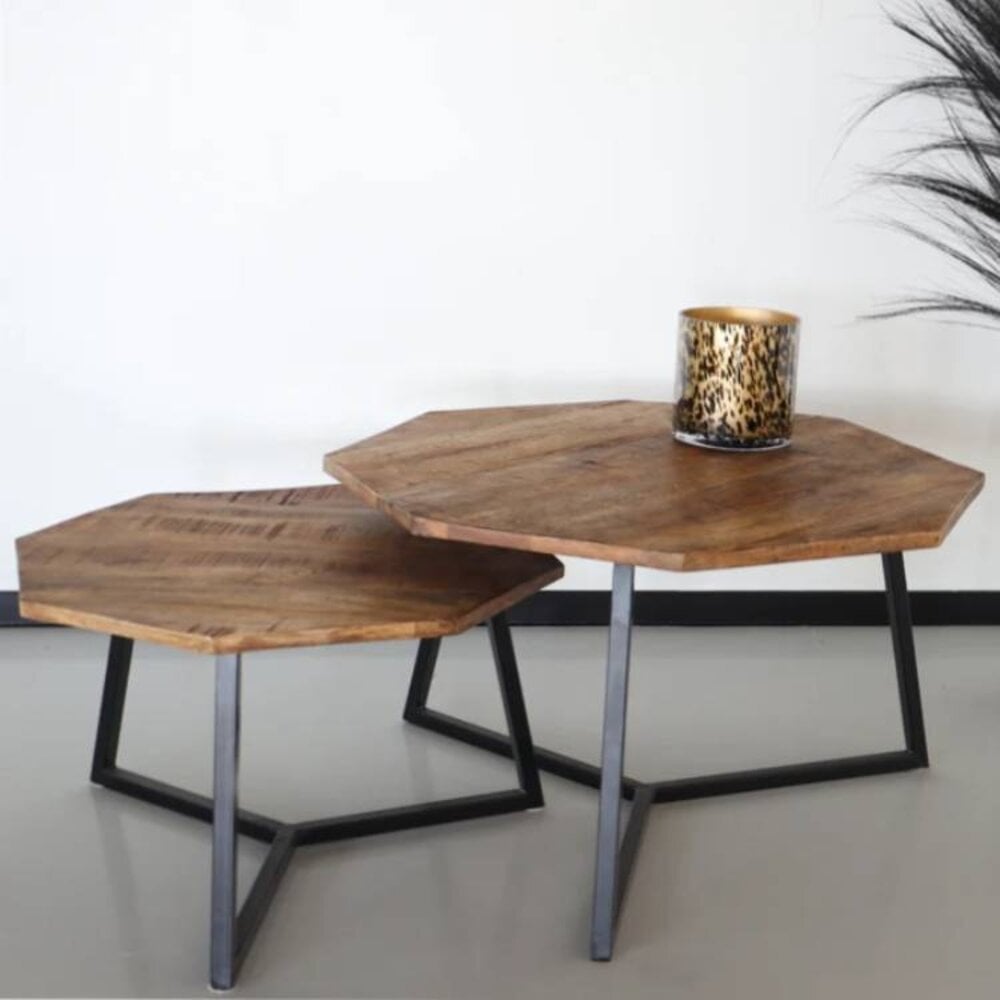 Salontafel 2delig mangohout hexagon Loes industrieel massief hout mango Salontafel 2delig mangohout hexagon Loes industrieel massief hout mango