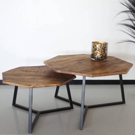 Lizzely Garden & Living Salontafel 2delig mangohout hexagon Loes industrieel massief hout mango Lizzely Garden & Living Salontafel 2delig mangohout hexagon Loes industrieel massief hout mango