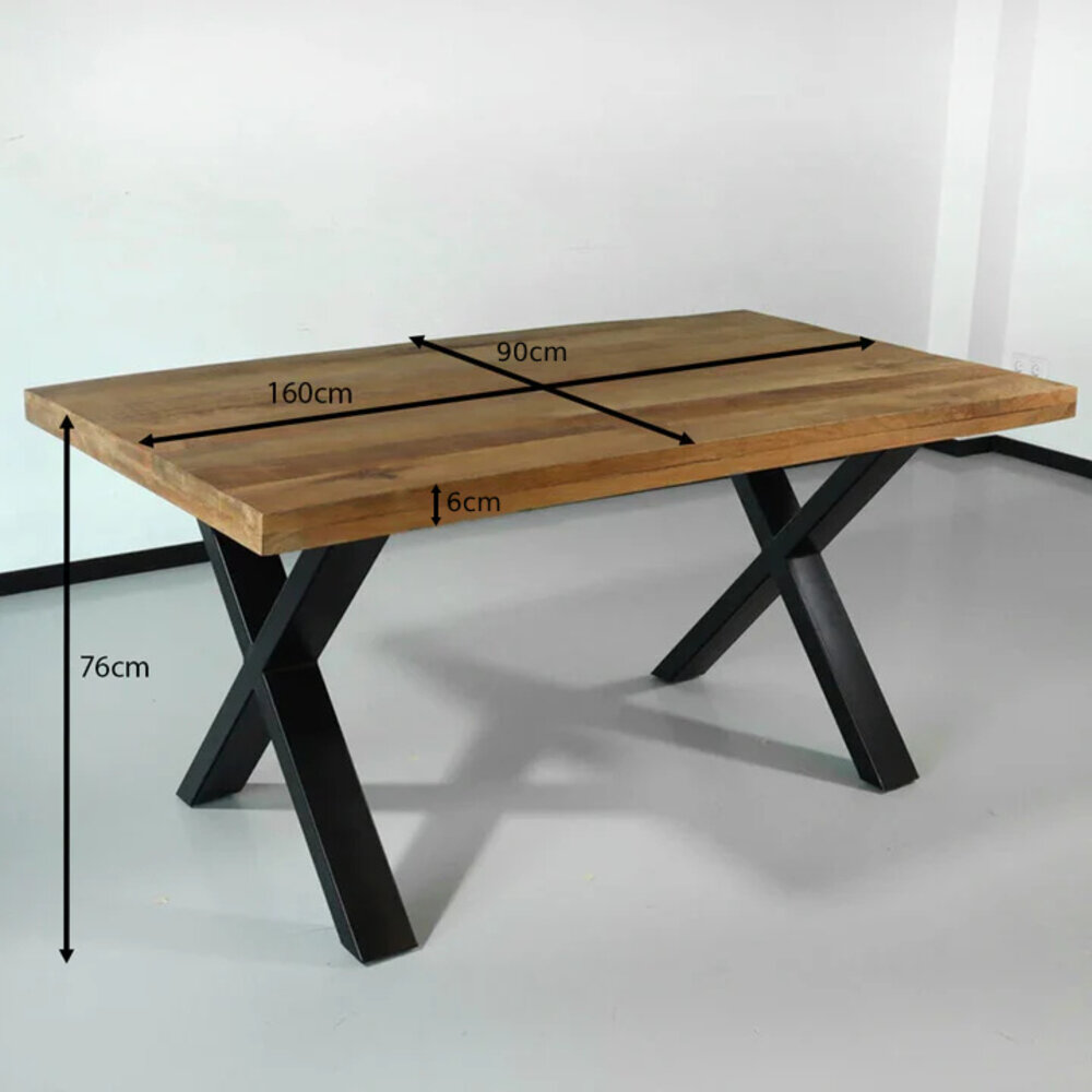 Eettafel rechthoekig mangohout Xavier lichtbruin 160cm duurzaam tafel met X-poot mango langwerpige eetkamertafel hout