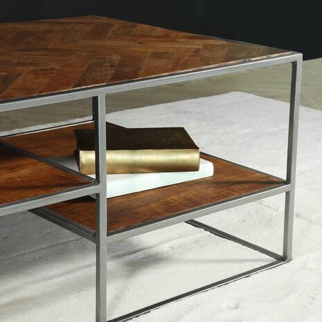 Lizzely Garden & Living Salontafel industrieel mangohout Sofia 140cm bruin visgraat side table massief hout mango bijzettafel Lizzely Garden & Living Salontafel industrieel mangohout Sofia 140cm bruin visgraat side table massief hout mango bijzettafel