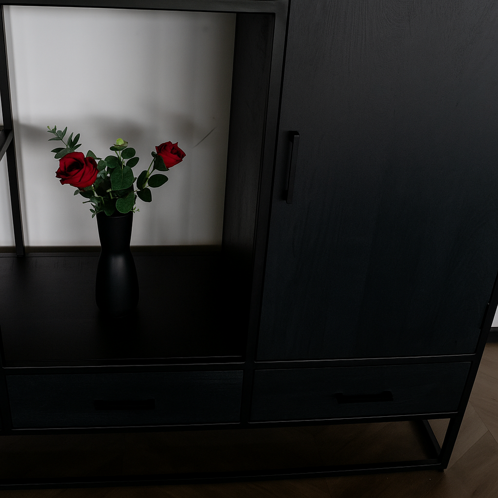 Kast zwart industrieel Dani mangohout 200cm hoog vakkenkast wandkast Kast zwart industrieel Dani mangohout 200cm hoog vakkenkast wandkast