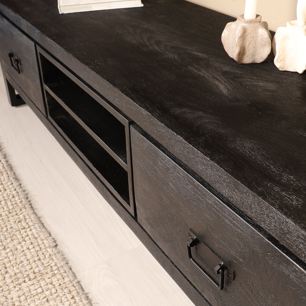 TV meubel industrieel Avelyn zwart mangohout 160cm lengte TV meubel industrieel Avelyn zwart mangohout 160cm lengte