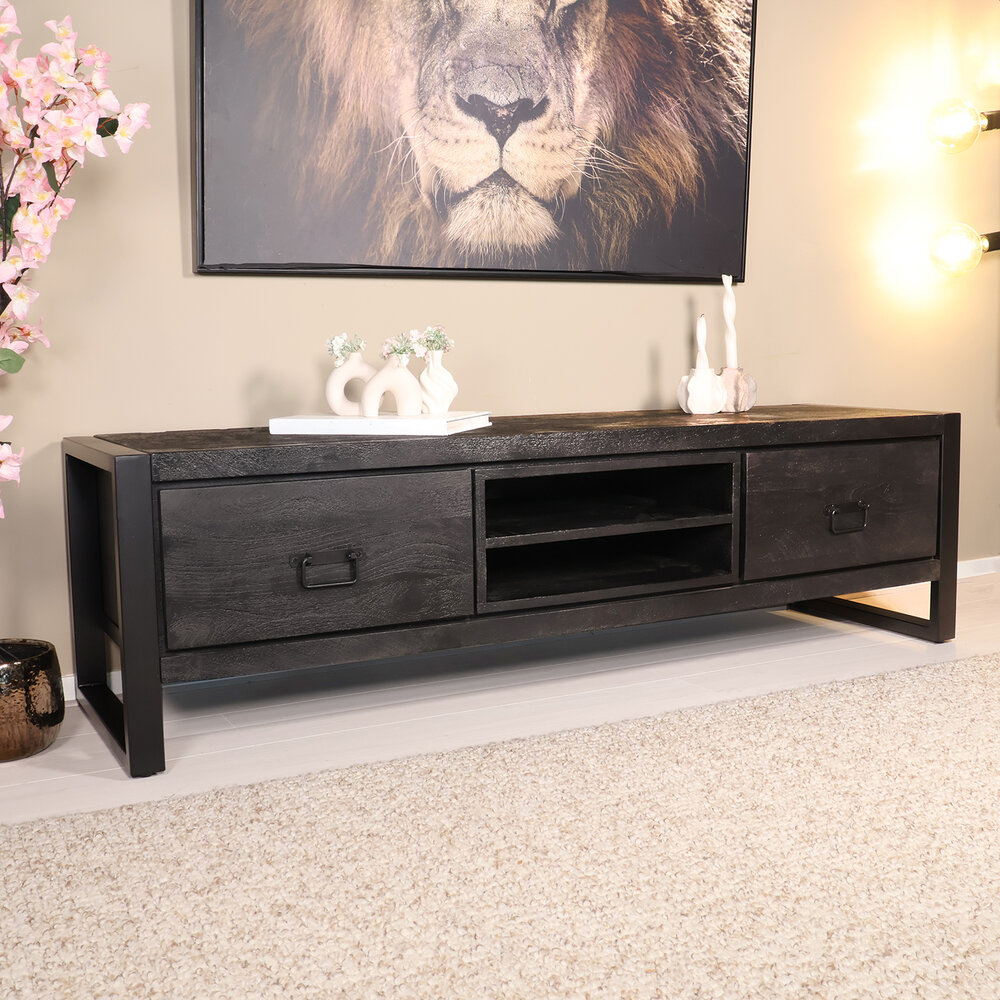 TV meubel industrieel Avelyn zwart mangohout 160cm lengte TV meubel industrieel Avelyn zwart mangohout 160cm lengte