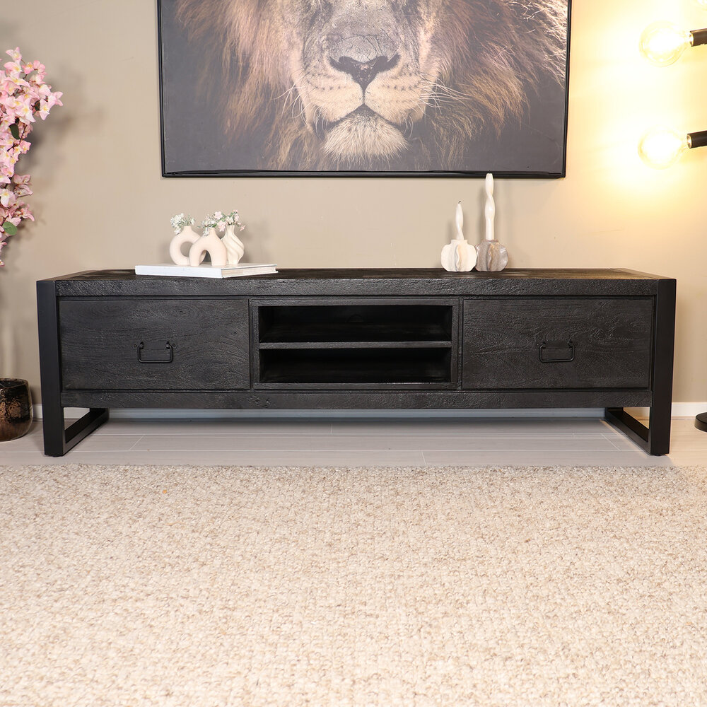 TV meubel industrieel Avelyn zwart mangohout 160cm lengte TV meubel industrieel Avelyn zwart mangohout 160cm lengte
