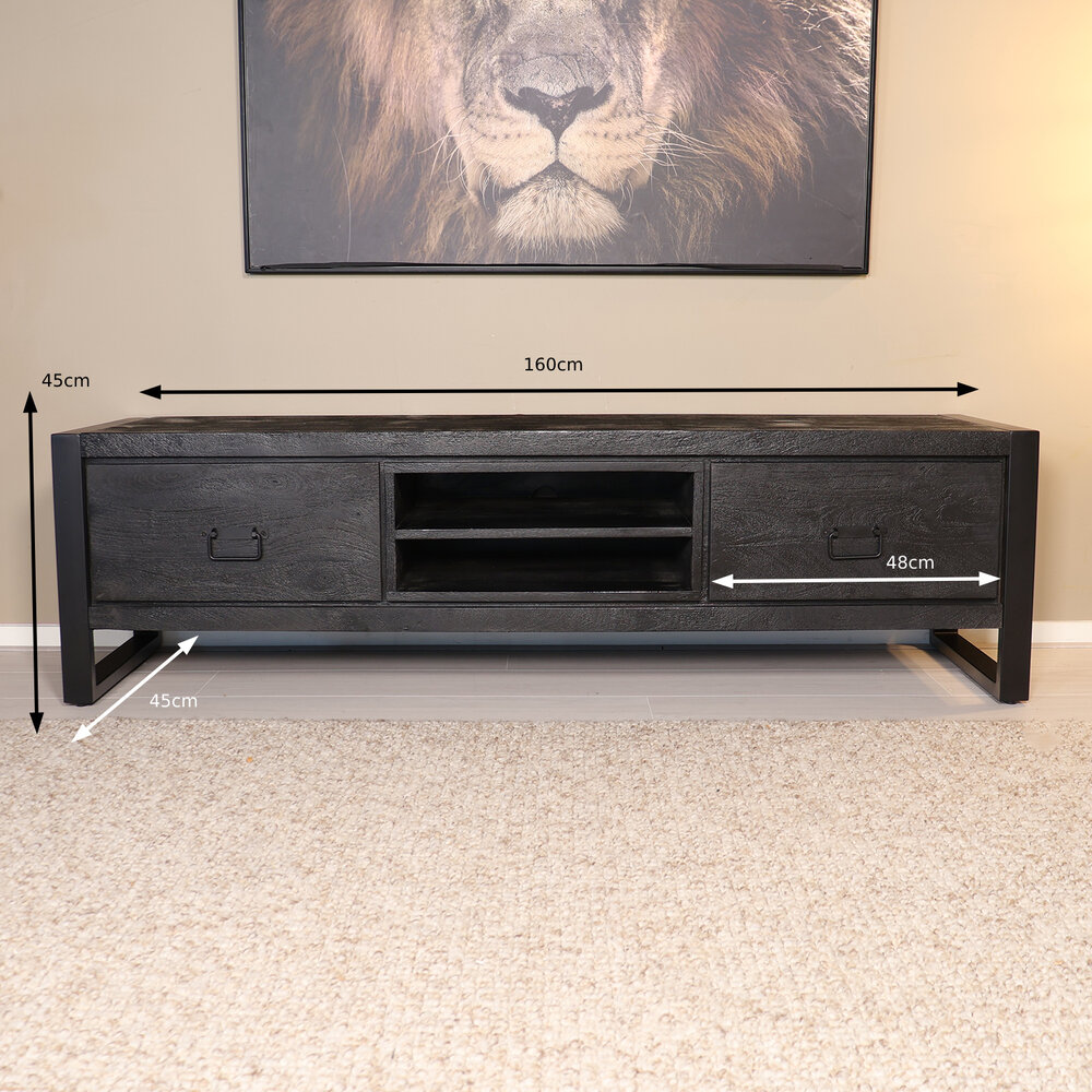 TV meubel industrieel Avelyn zwart mangohout 160cm lengte TV meubel industrieel Avelyn zwart mangohout 160cm lengte