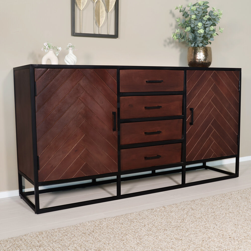 Dressoir mangohout visgraat Cody walnoot industrieel 160x85cm Dressoir mangohout visgraat Cody walnoot industrieel 160x85cm