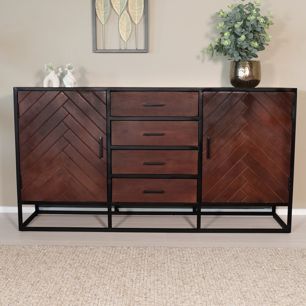 Dressoir mangohout visgraat Cody walnoot industrieel 160x85cm Dressoir mangohout visgraat Cody walnoot industrieel 160x85cm