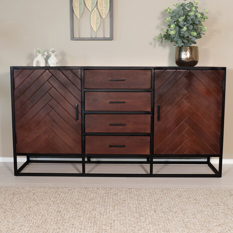Lizzely Garden & Living Dressoir mangohout visgraat Cody walnoot industrieel 160x85cm Lizzely Garden & Living Dressoir mangohout visgraat Cody walnoot industrieel 160x85cm
