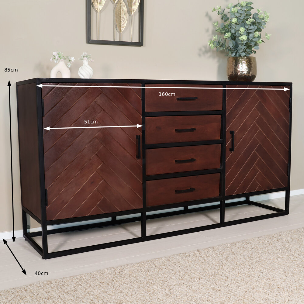 Dressoir mangohout visgraat Cody walnoot industrieel 160x85cm Dressoir mangohout visgraat Cody walnoot industrieel 160x85cm