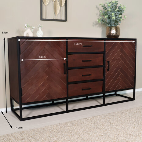 Lizzely Garden & Living Dressoir mangohout visgraat Cody walnoot industrieel 160x85cm Lizzely Garden & Living Dressoir mangohout visgraat Cody walnoot industrieel 160x85cm