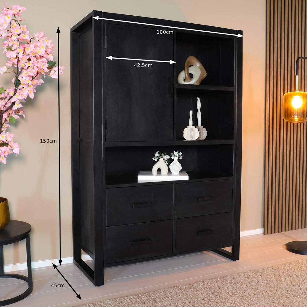 Industriële kast mangohout Dexie 150x100cm zwart wandkast duurzaam mango Industriële kast mangohout Dexie 150x100cm zwart wandkast duurzaam mango