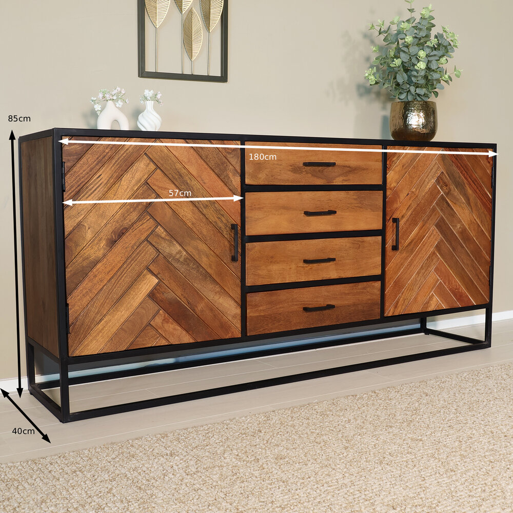 Dressoir mangohout visgraat Cody bruin industrieel 180x85cm Dressoir mangohout visgraat Cody bruin industrieel 180x85cm