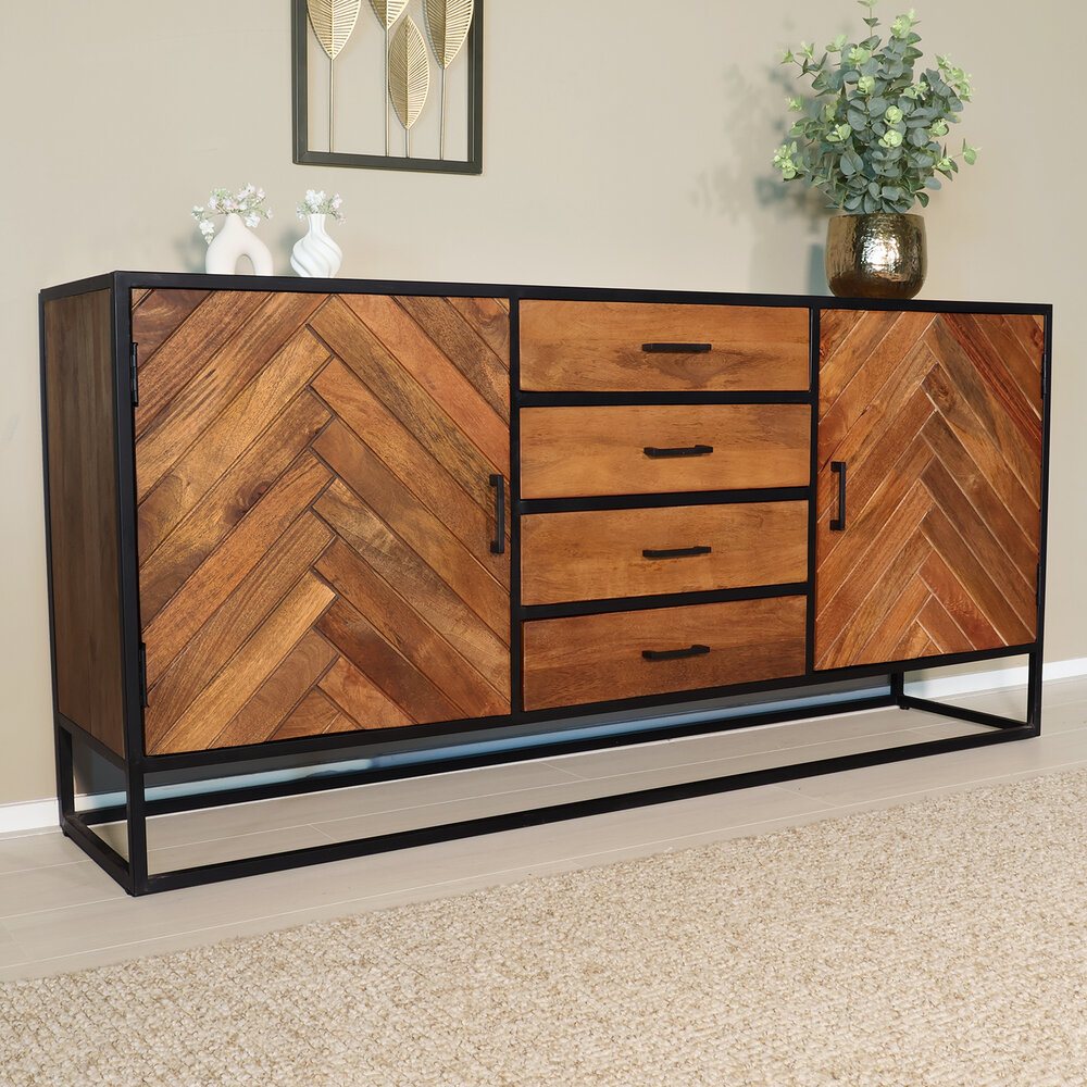 Dressoir mangohout visgraat Cody bruin industrieel 180x85cm Dressoir mangohout visgraat Cody bruin industrieel 180x85cm