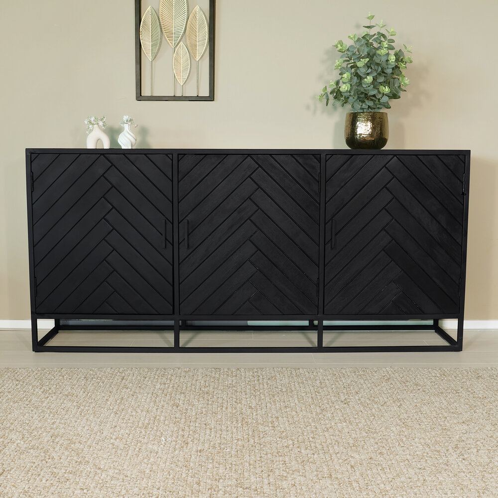 Dressoir mangohout visgraat Lita zwart industrieel 180x85cm Dressoir mangohout visgraat Lita zwart industrieel 180x85cm