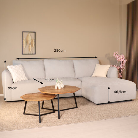 Lizzely Garden & Living Hoekbank Hudson 280cm chenille lichtgrijs rechts