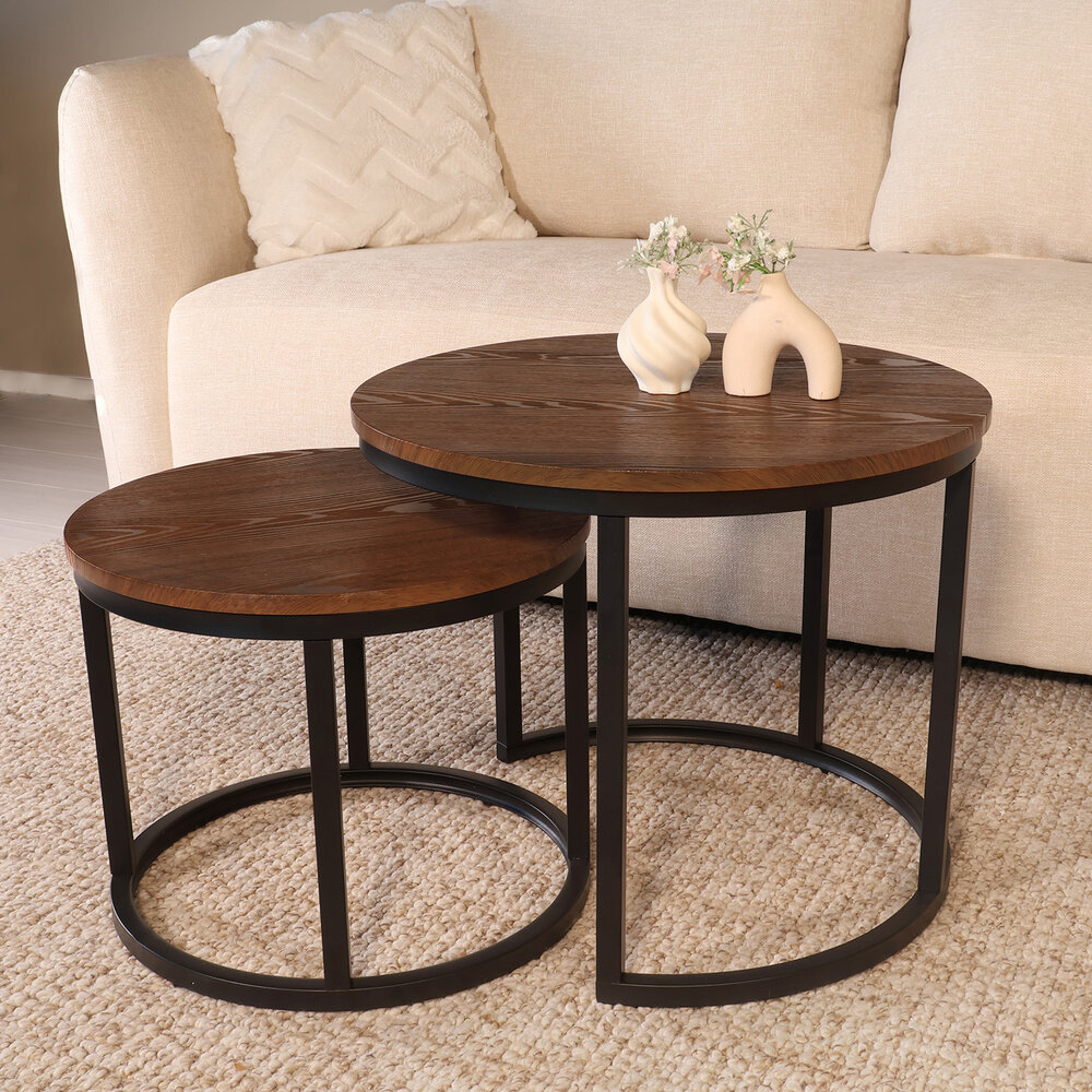 Salontafel rond 2delig walnoot MDF Rutger