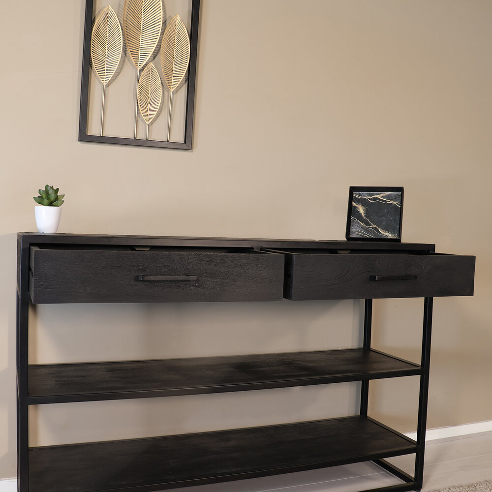 Bijzettafel mangohout visgraat Livia 120cm zwart