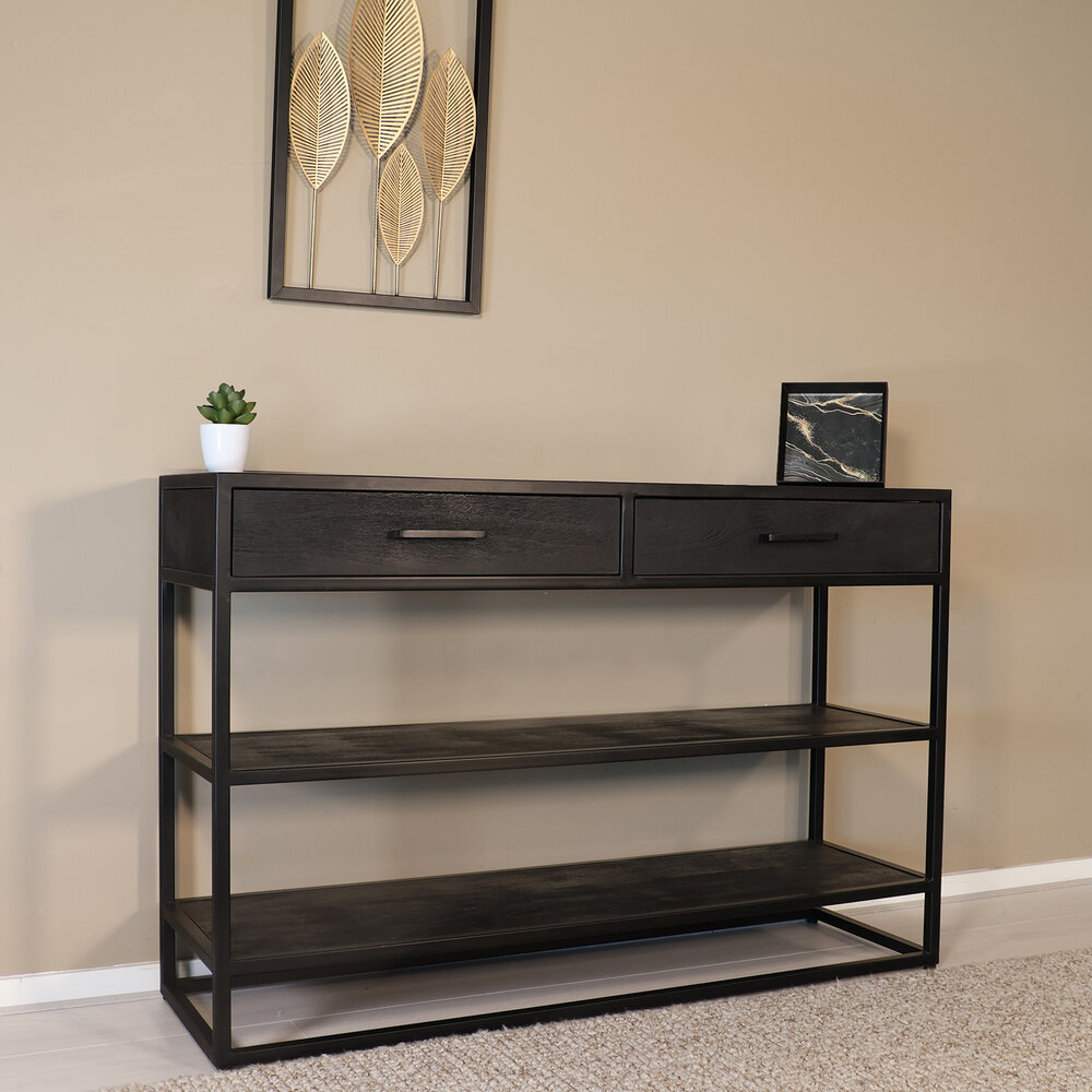 Bijzettafel mangohout visgraat Livia 120cm zwart