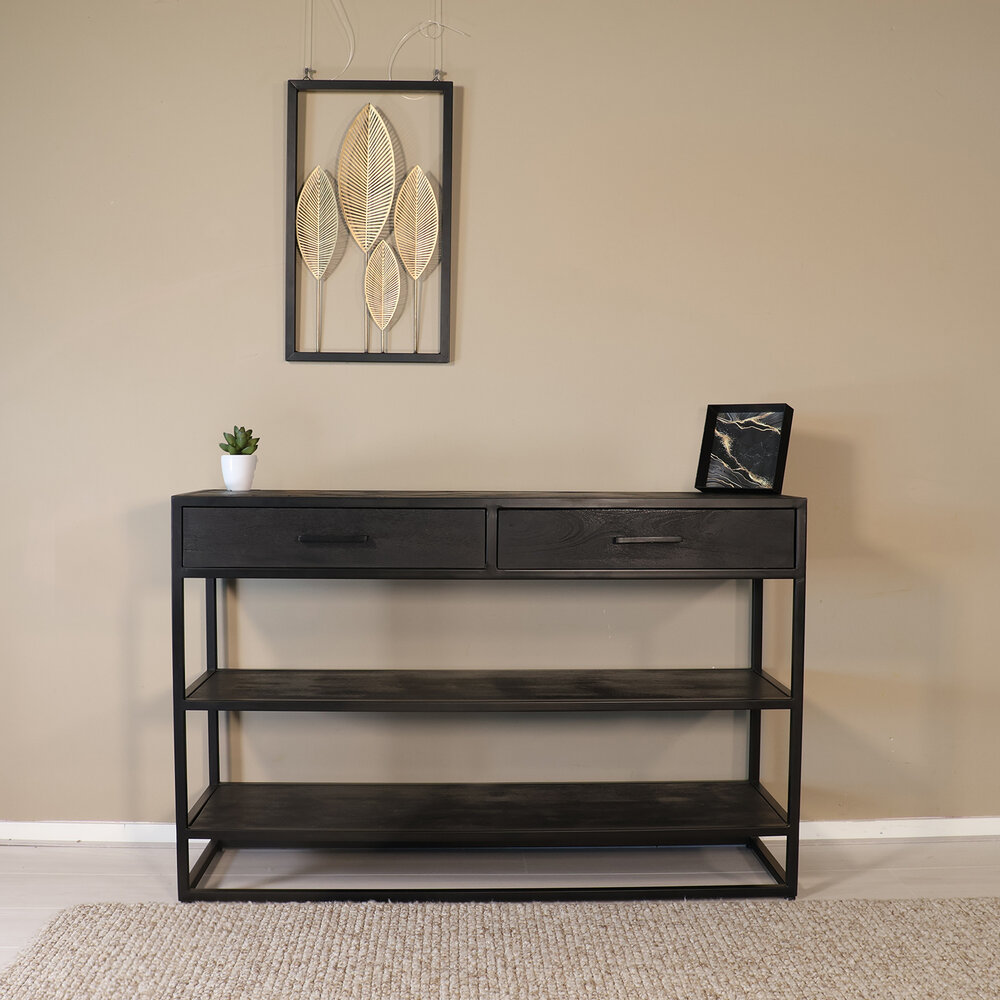 Bijzettafel mangohout visgraat Livia 120cm zwart