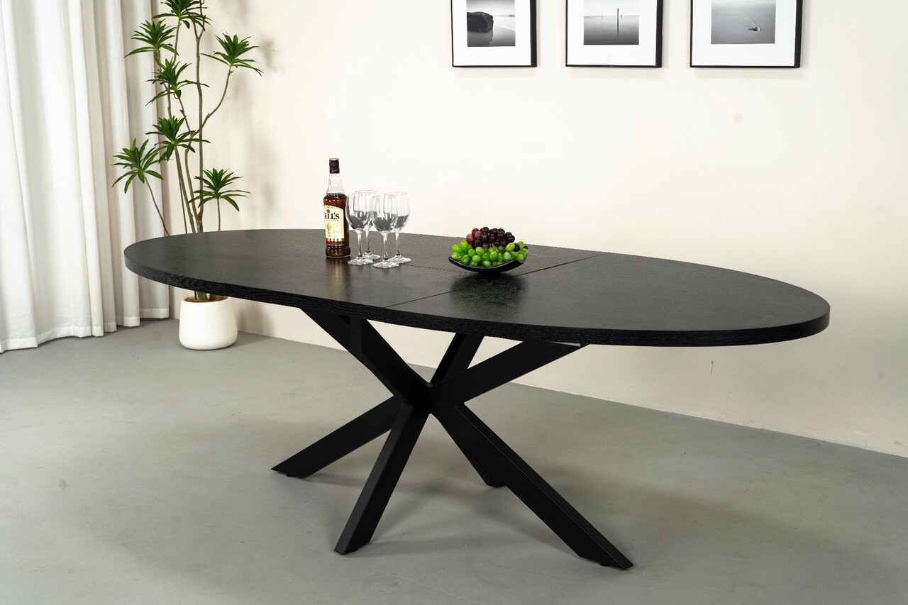 Uitschuifbare eettafel ovaal 180-240cm Liam zwart MDF eetkamer tafel