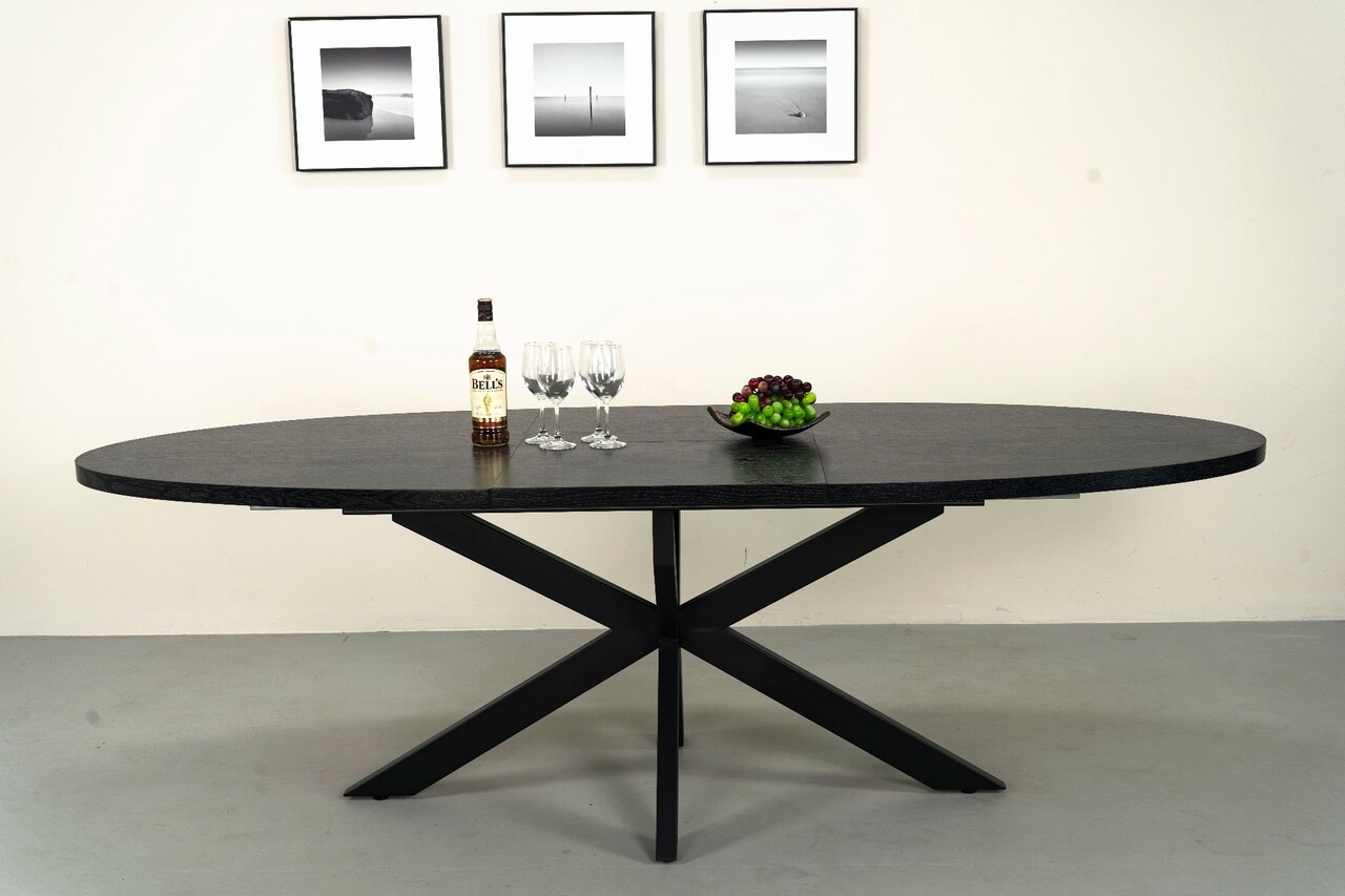 Uitschuifbare eettafel ovaal 180-240cm Liam zwart MDF eetkamer tafel
