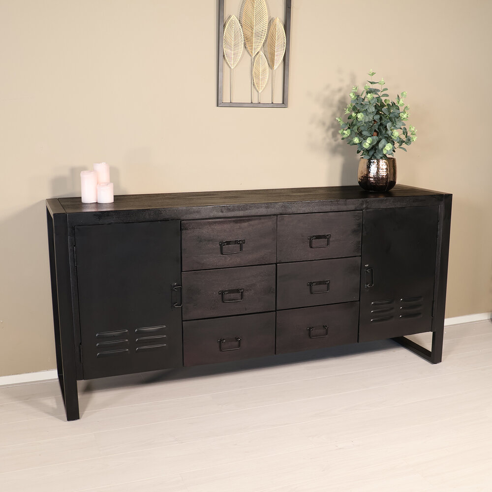 Dressoir mangohout Jazzy zwart industrieel 180x85cm Dressoir mangohout Jazzy zwart industrieel 180x85cm