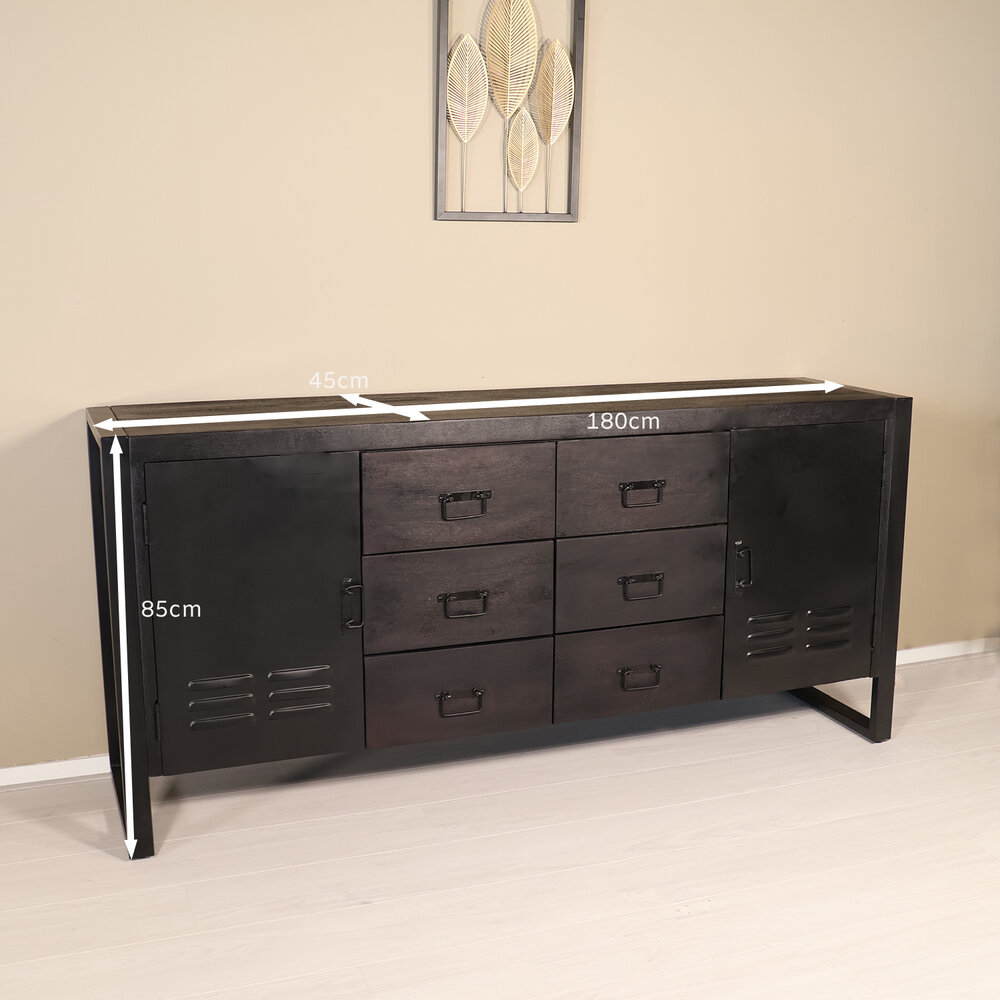 Dressoir mangohout Jazzy zwart industrieel 180x85cm Dressoir mangohout Jazzy zwart industrieel 180x85cm