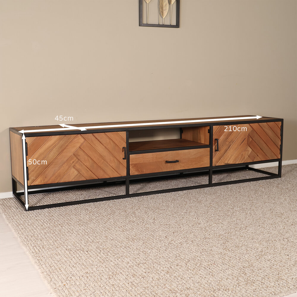 TV meubel industrieel Danae bruin visgraat mangohout 210cm TV meubel industrieel Danae bruin visgraat mangohout 210cm