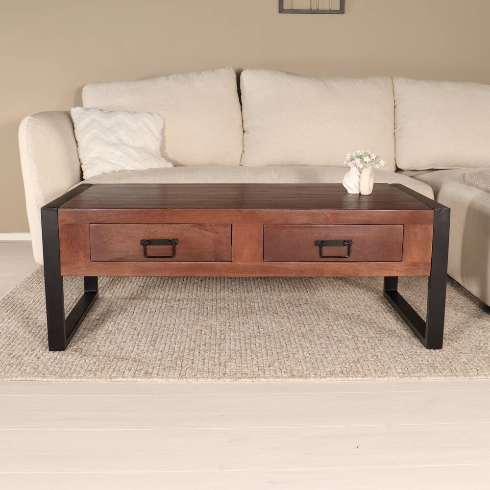 Salontafel rechthoekig met lades walnoot bruin mangohout 120cm Kai Salontafel rechthoekig met lades walnoot bruin mangohout 120cm Kai