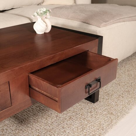 Lizzely Garden & Living Salontafel rechthoekig met lades walnoot bruin mangohout 120cm Kai Lizzely Garden & Living Salontafel rechthoekig met lades walnoot bruin mangohout 120cm Kai