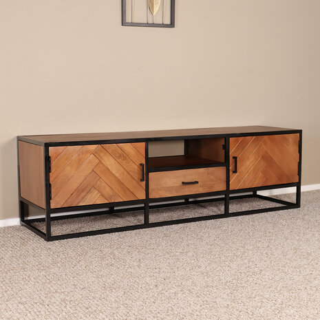 Lizzely Garden & Living TV meubel industrieel Danae bruin visgraat mangohout 180cm Lizzely Garden & Living TV meubel industrieel Danae bruin visgraat mangohout 180cm