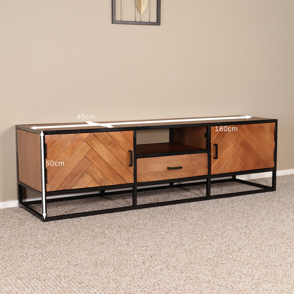 TV meubel industrieel Danae bruin visgraat mangohout 180cm TV meubel industrieel Danae bruin visgraat mangohout 180cm